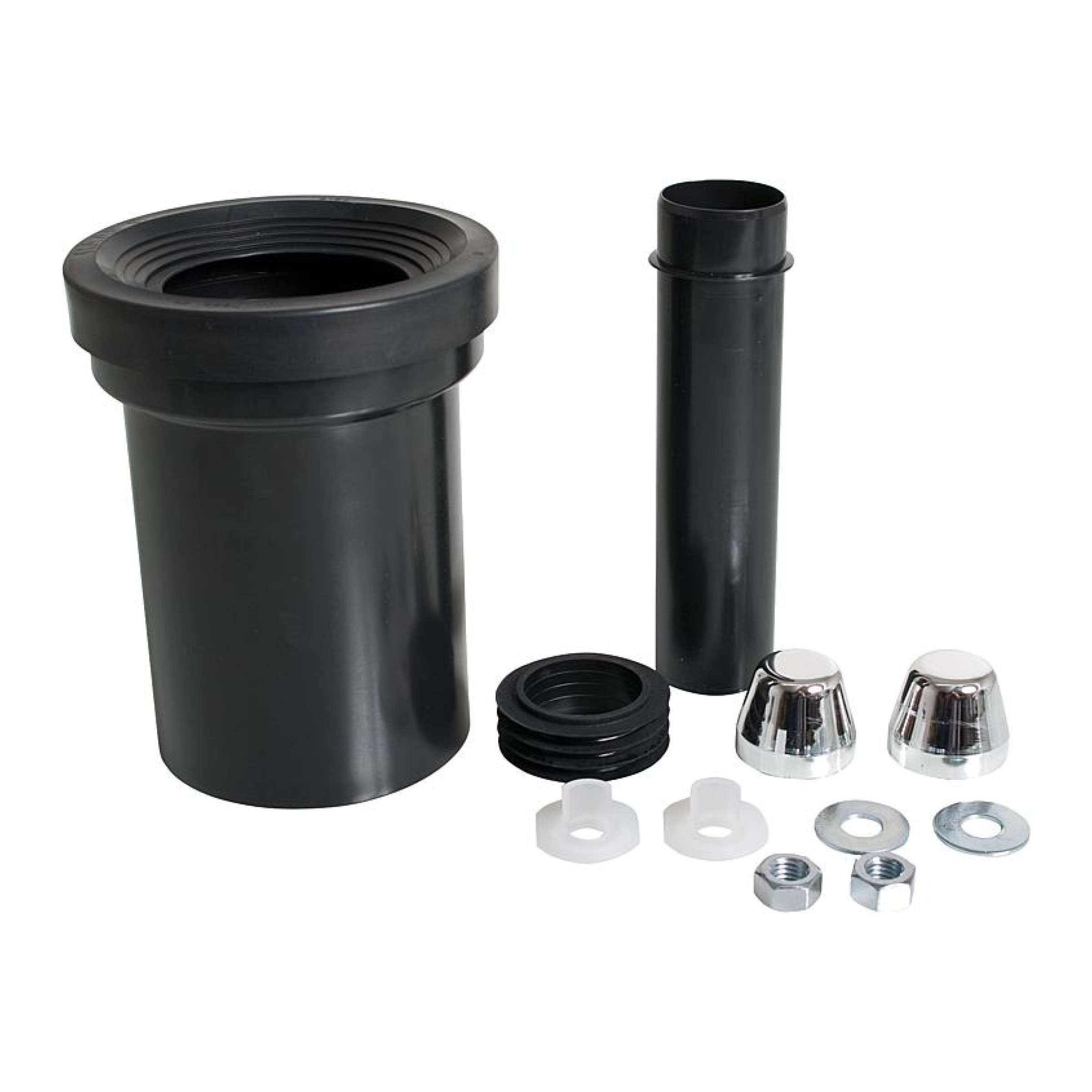 WC Anschlussgarnitur im Set 90, Spülrohr und Abflussrohr 90mm mit weißen Kappen