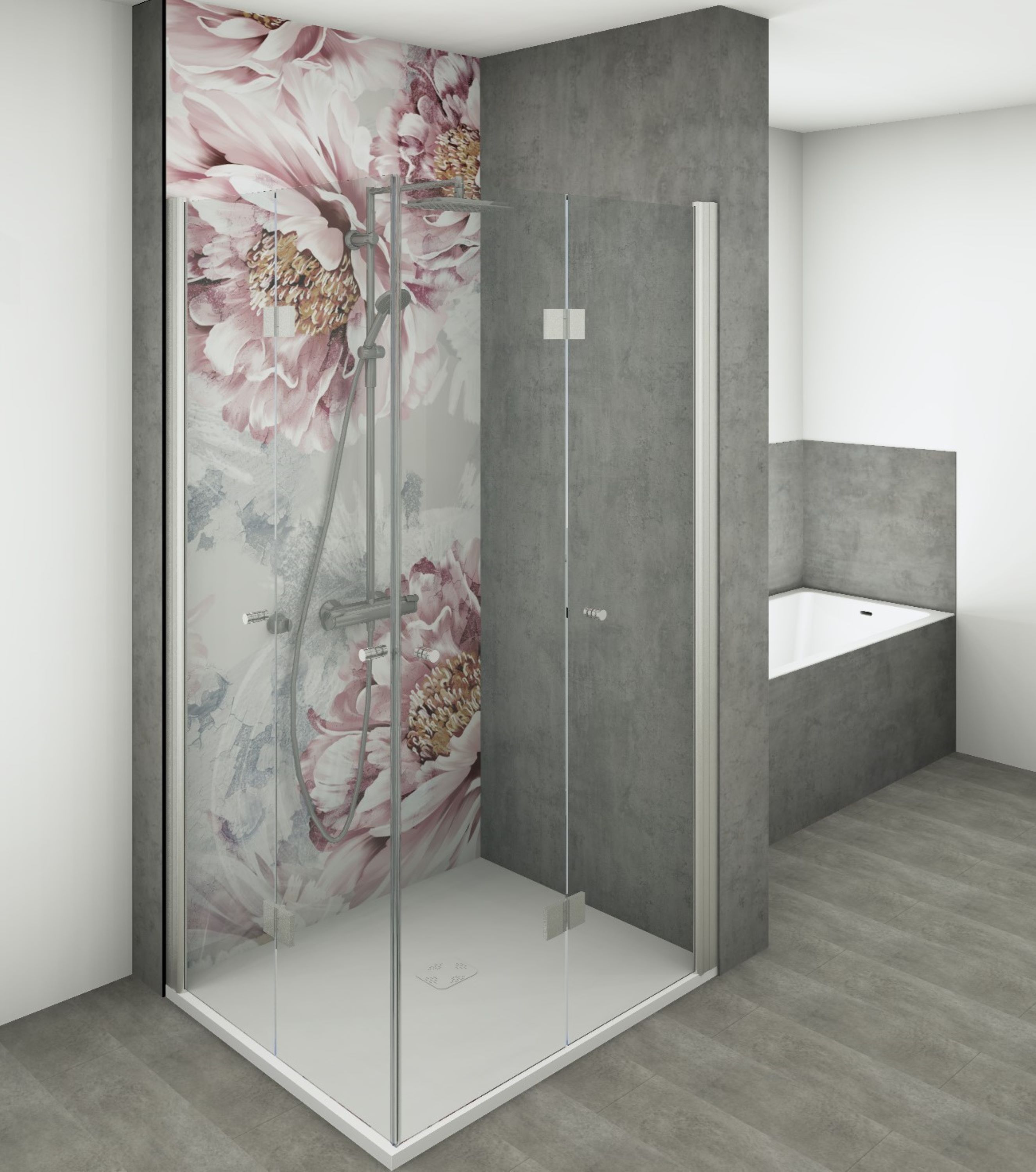 DK Duschrückwand Modul B1000 H2550 f. UP-/AP-Arma., o. Zubehör, Rosa Blumen Perl